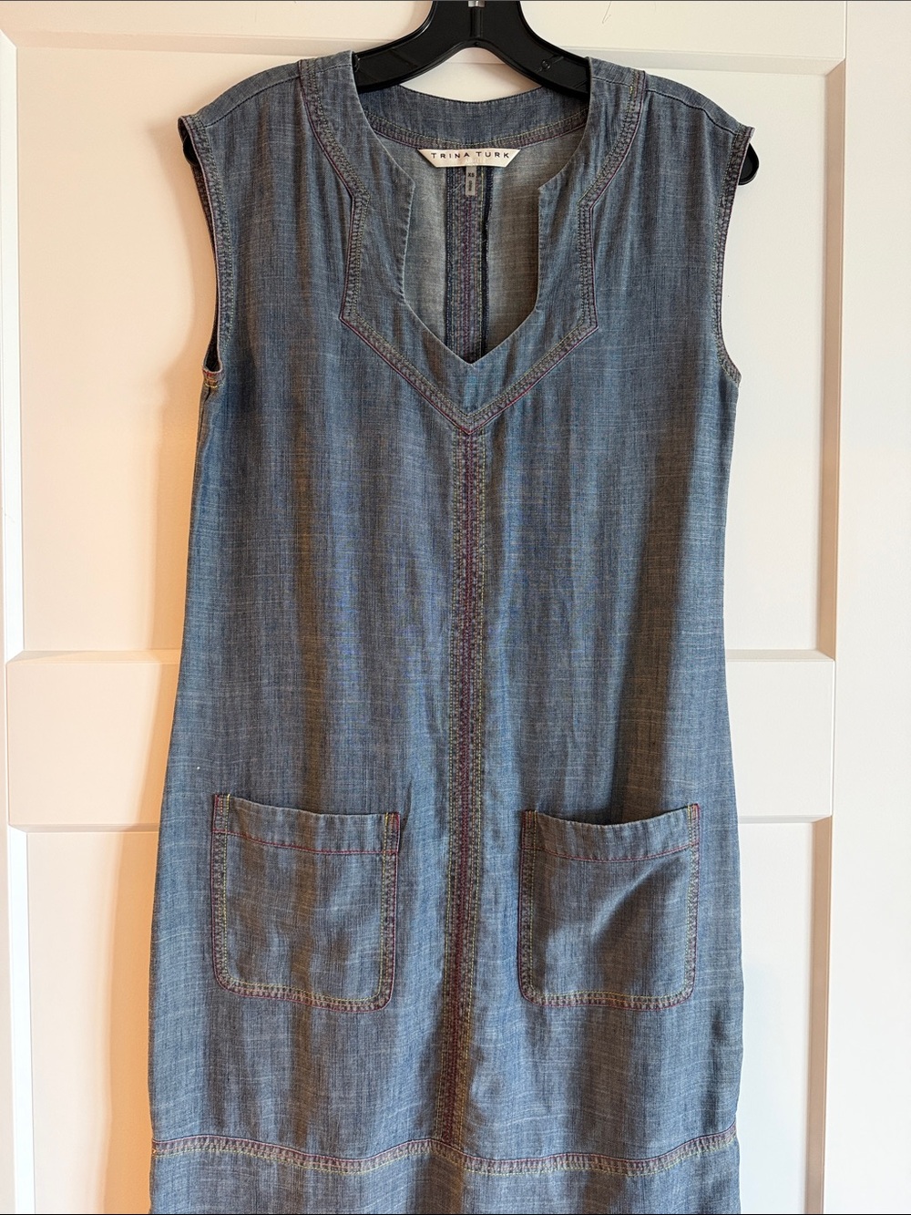 Trina Turk Blue Chambray Sleeveless V-Notch Shift Dress